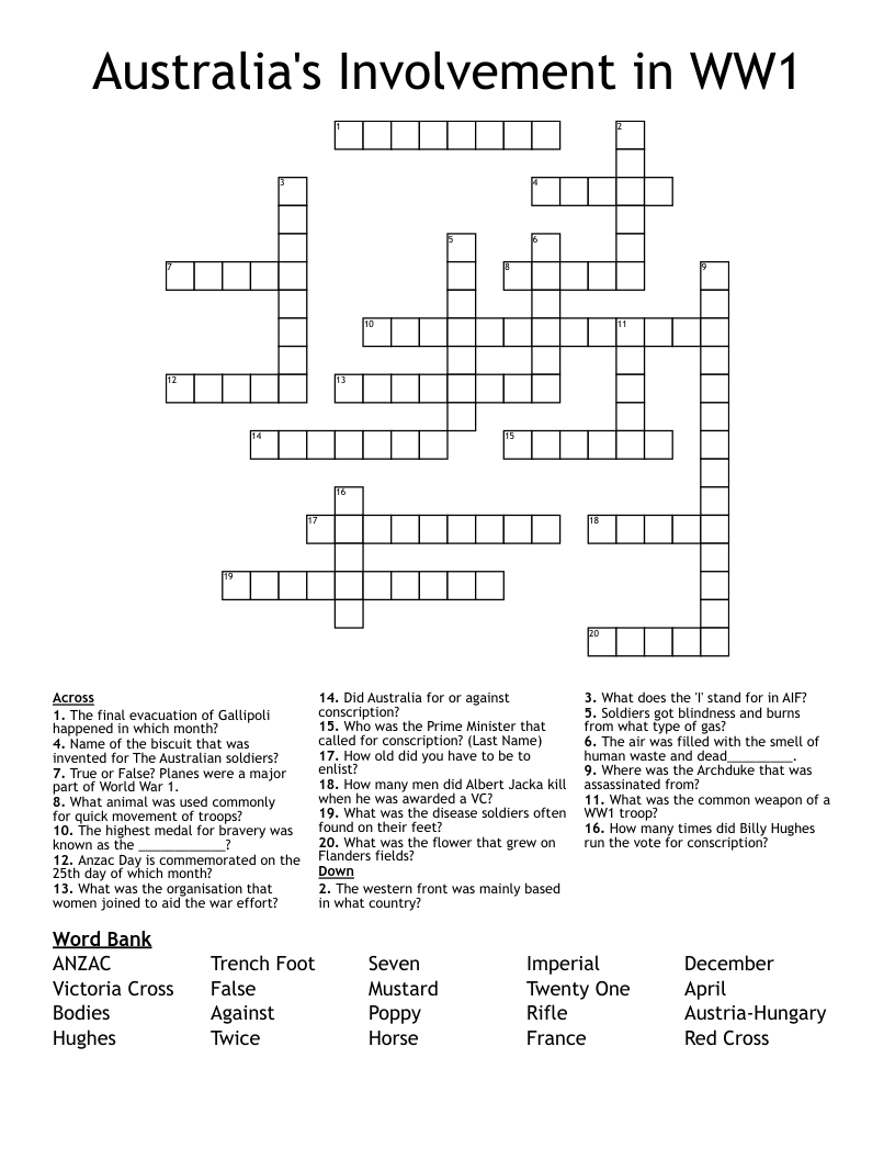 Australia's Involvement in WW1 Crossword