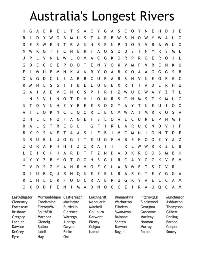 Australia's Longest Rivers Word Search