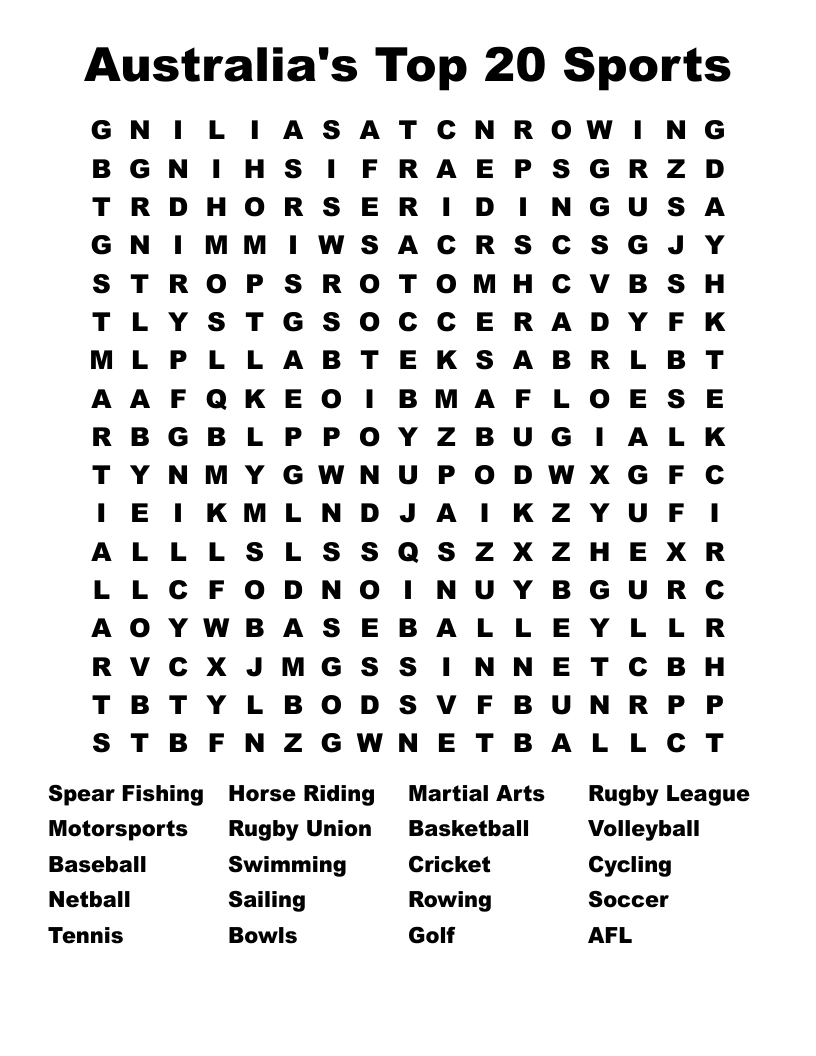Australia's Top 20 Sports Word Search