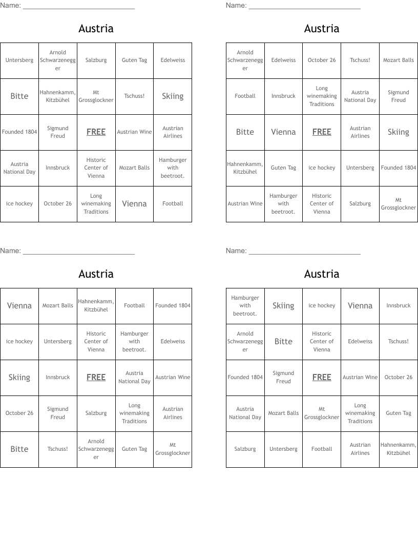 Austria Bingo Cards