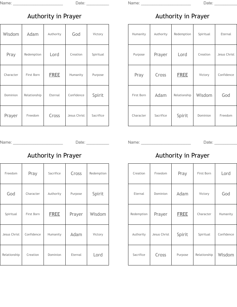 Authority in Prayer Bingo Cards