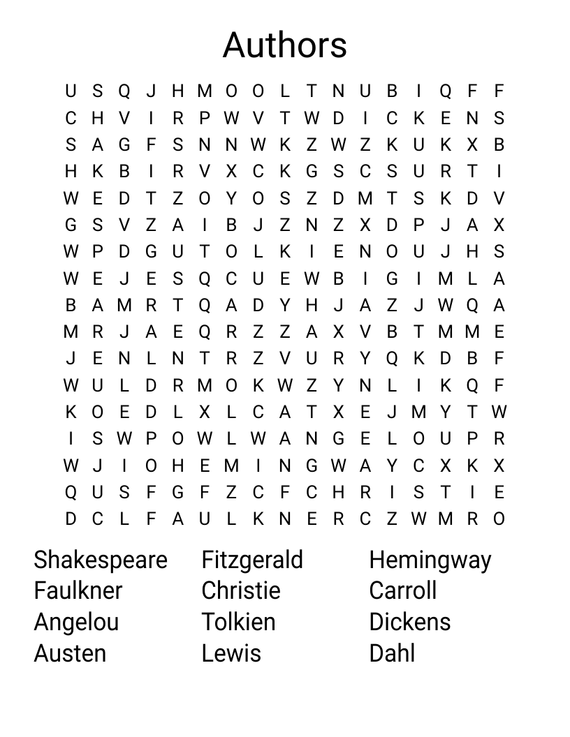 Authors Word Search