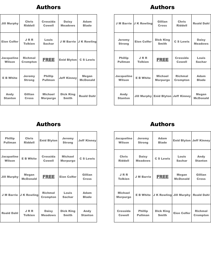 Authors Bingo Cards