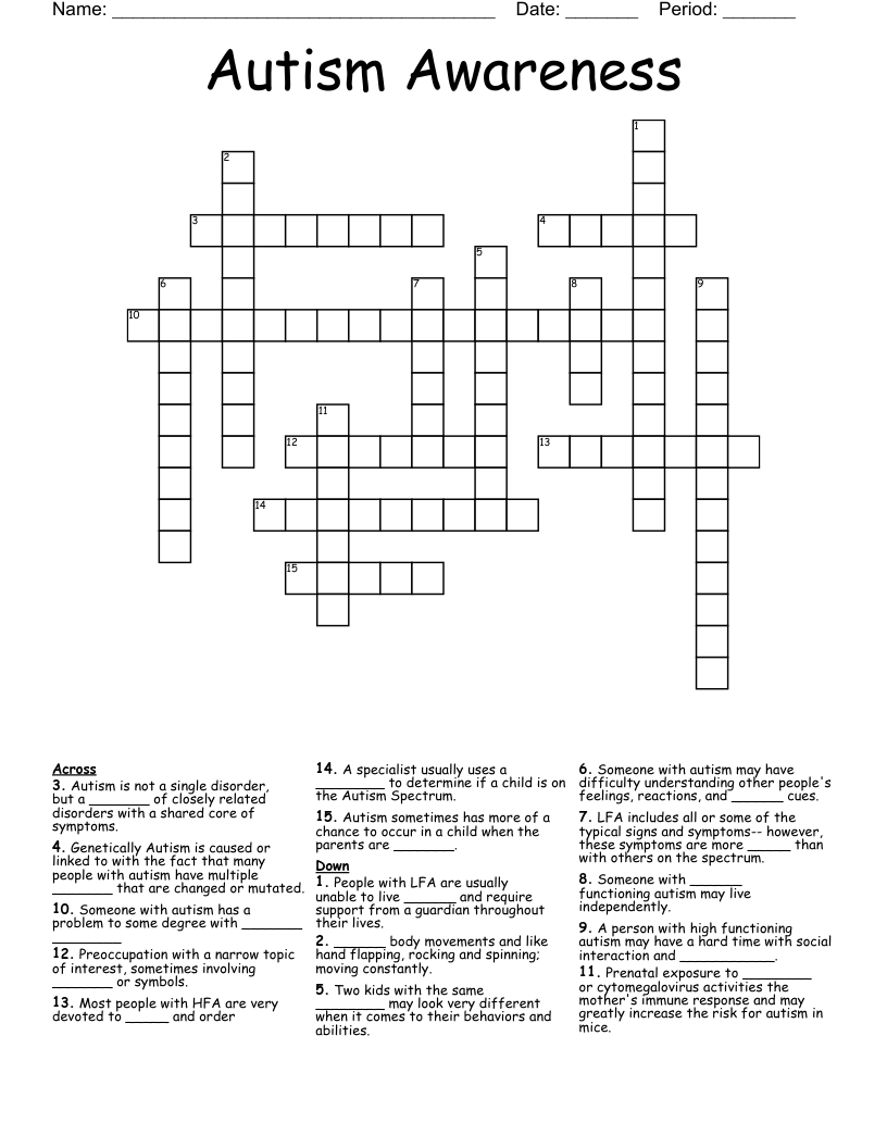 Autism Awareness Crossword