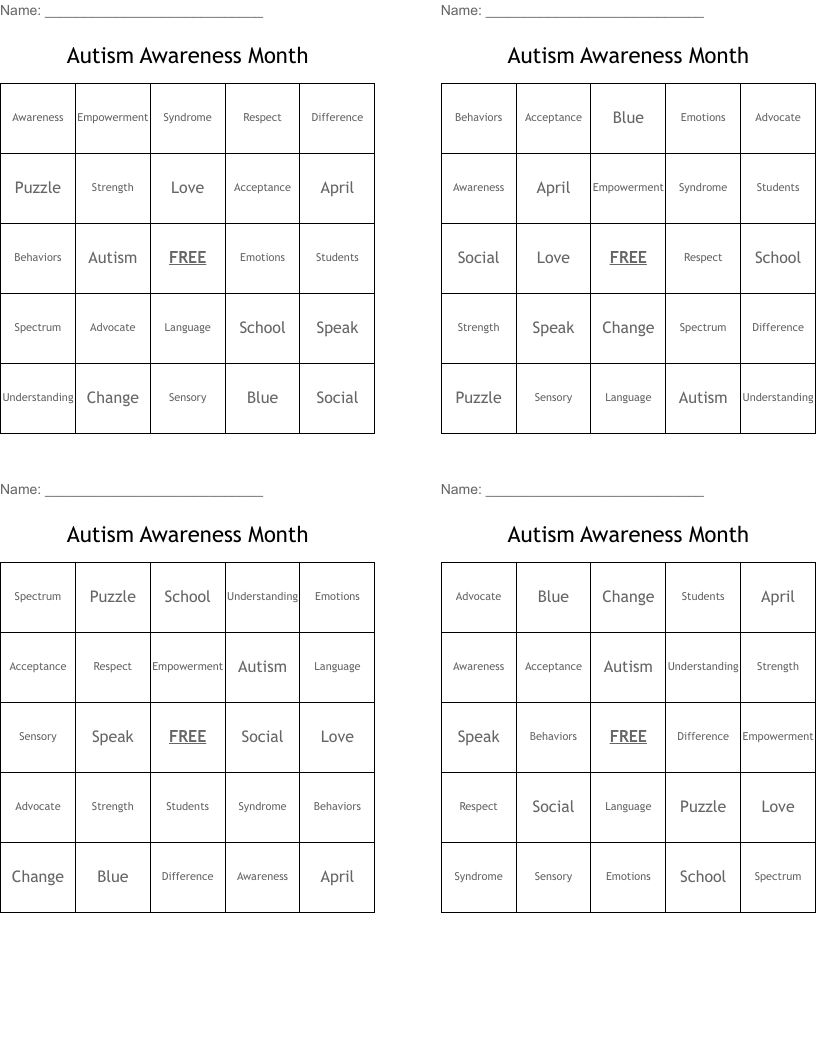 Autism Awareness Month  Bingo Cards