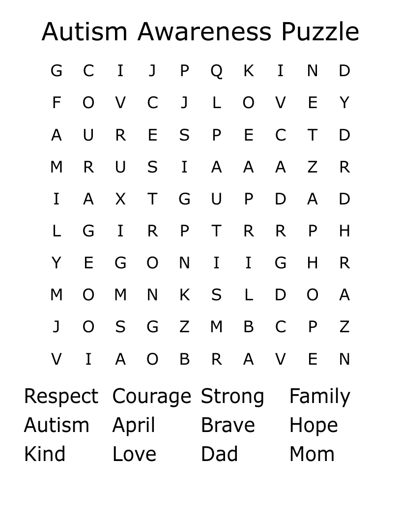 Autism Awareness Puzzle Word Search