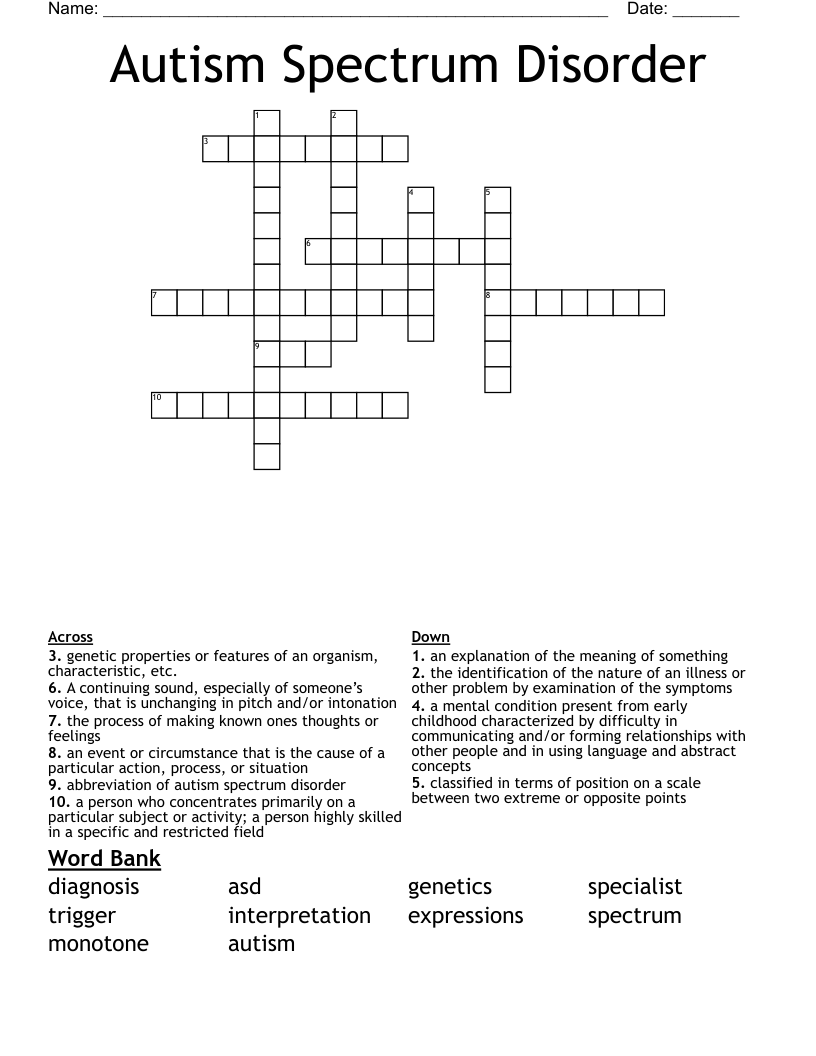 Autism Spectrum Disorder Crossword