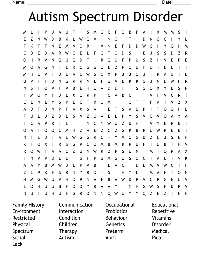 Autism Spectrum Disorder   Word Search