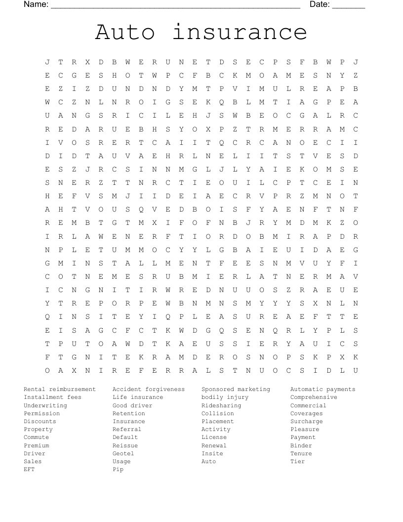 Auto insurance Word Search