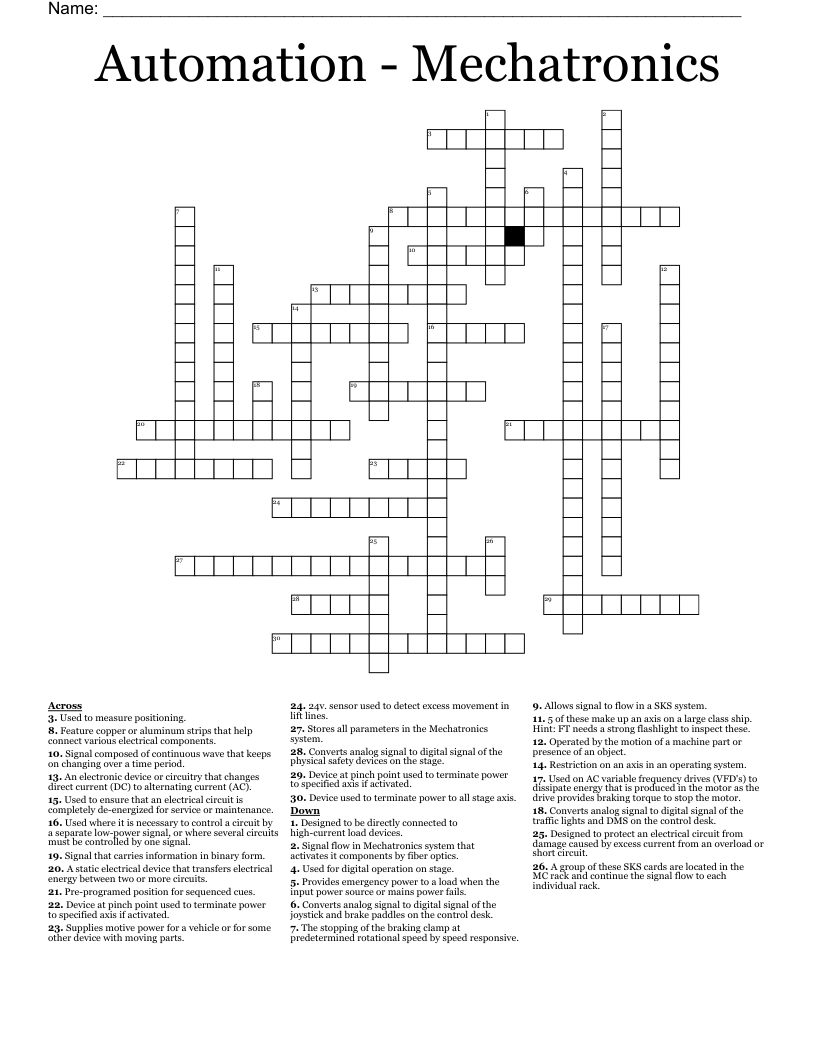 Automation - Mechatronics  Crossword