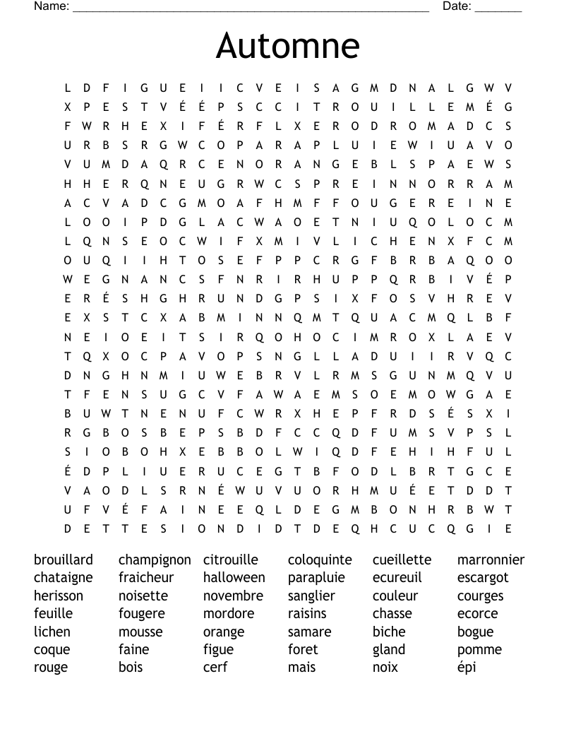 Automne Word Search