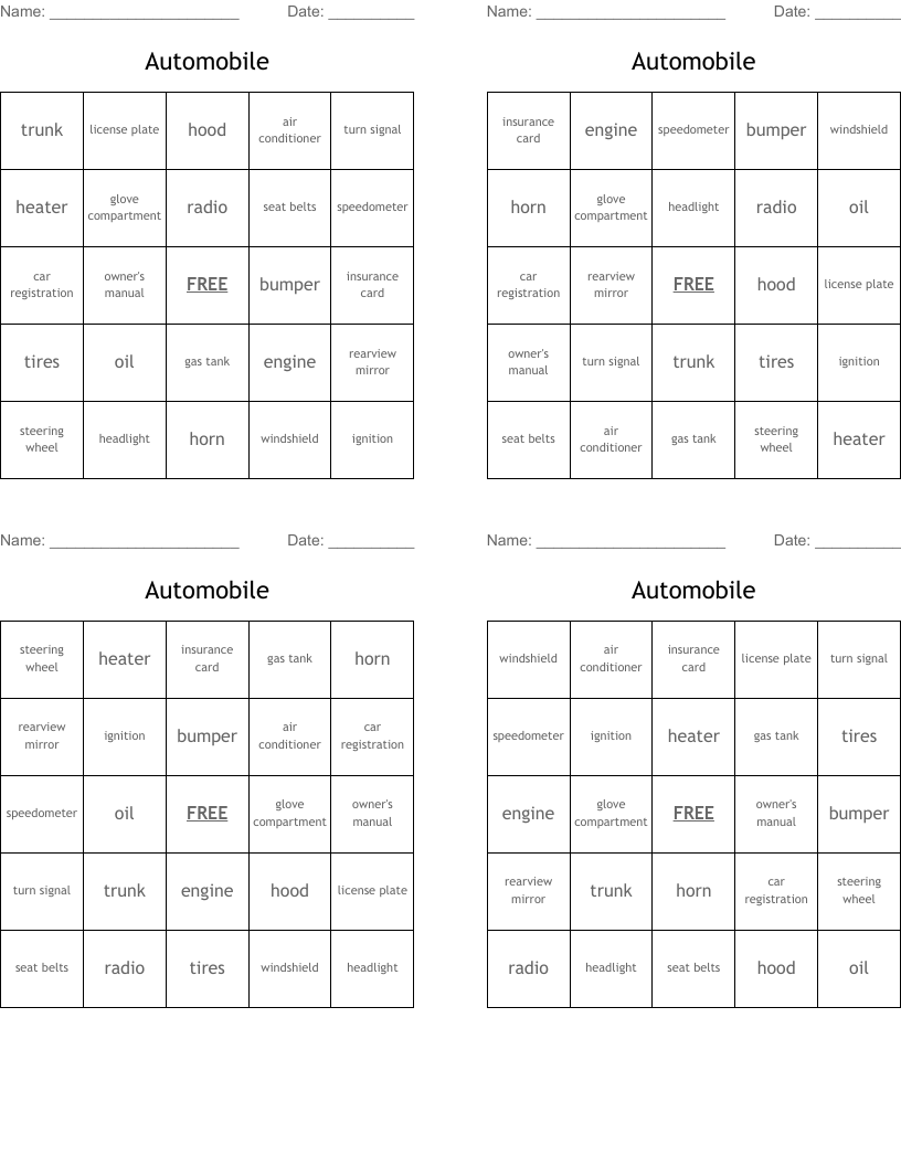 Automobile Bingo Cards