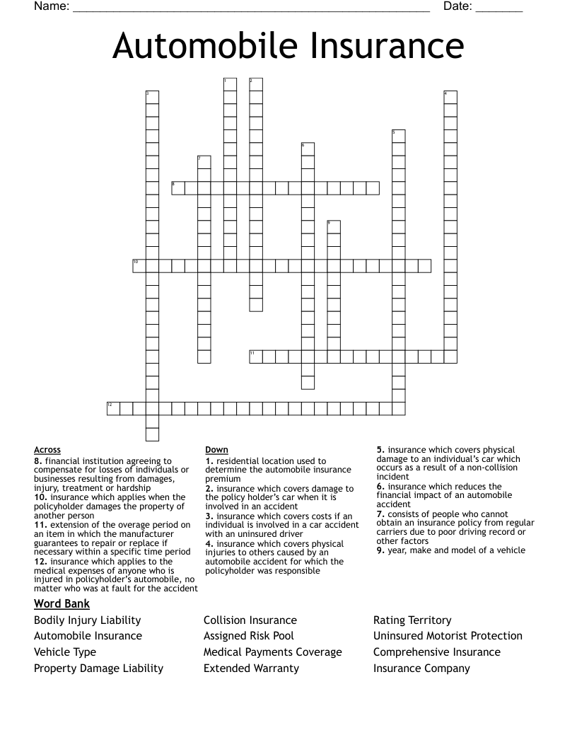 Automobile Insurance Crossword