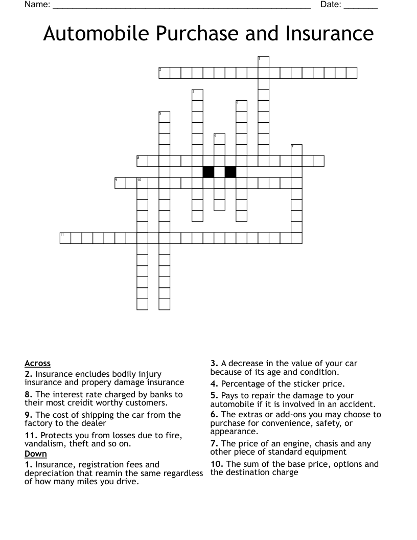 Automobile Purchase and Insurance Crossword