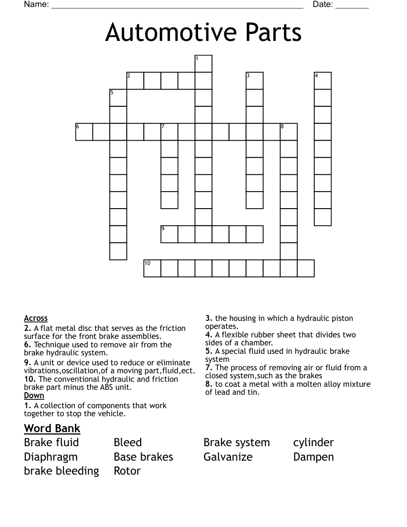 Automotive Parts Crossword
