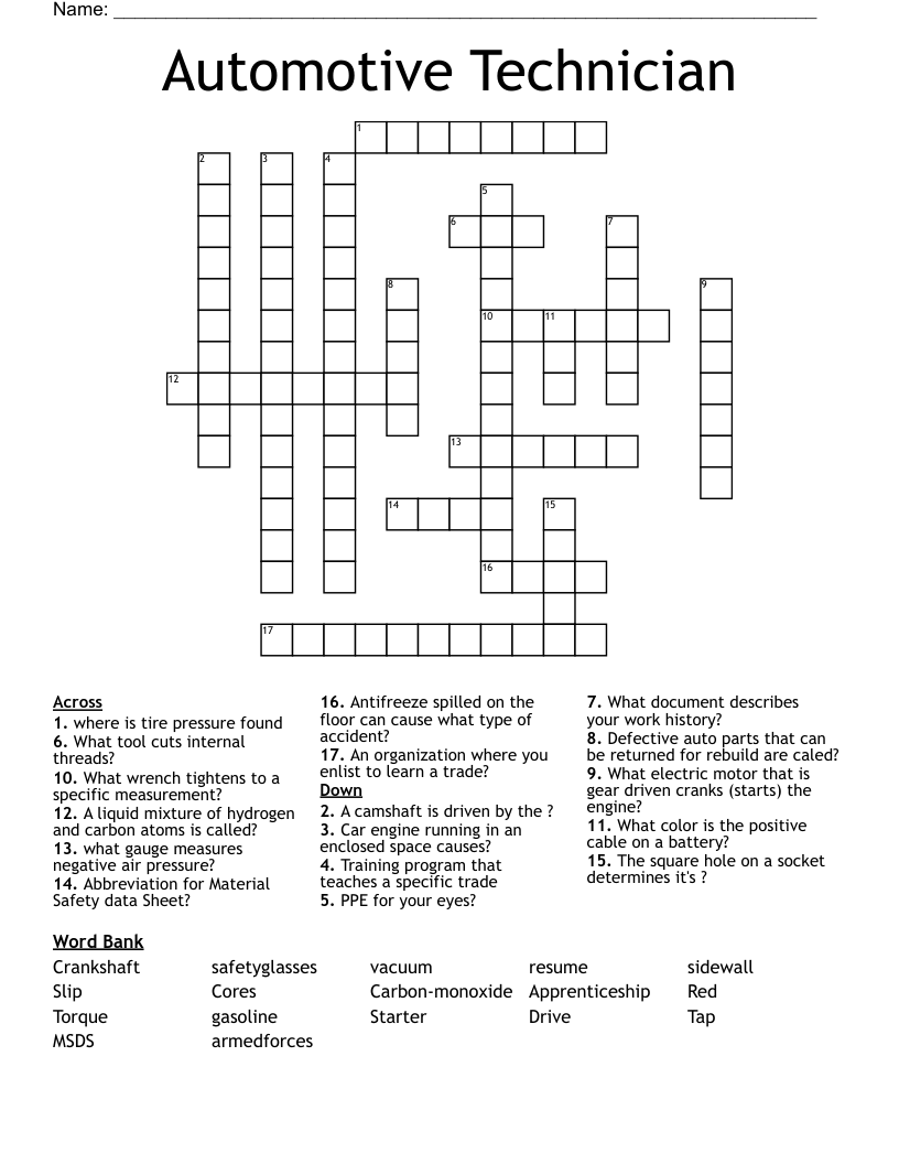 Automotive Technician Crossword
