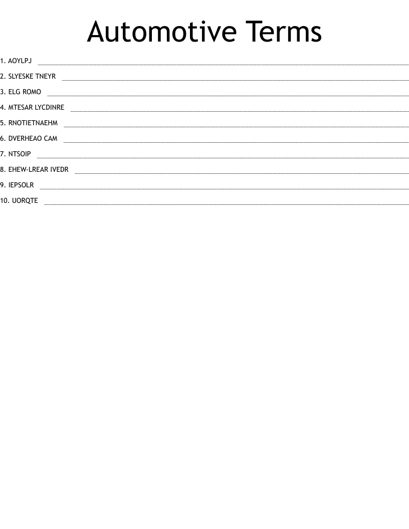 Automotive Terms Word Scramble