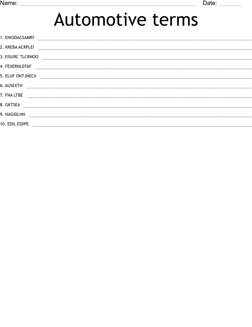 Automotive terms Word Scramble