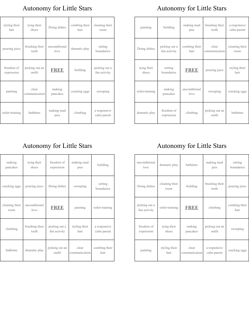 Autonomy for Little Stars Bingo Cards