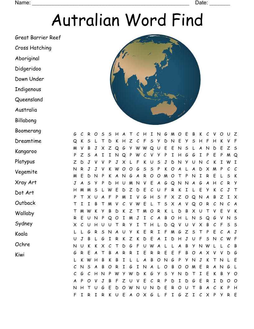 Autralian Word Find Word Search