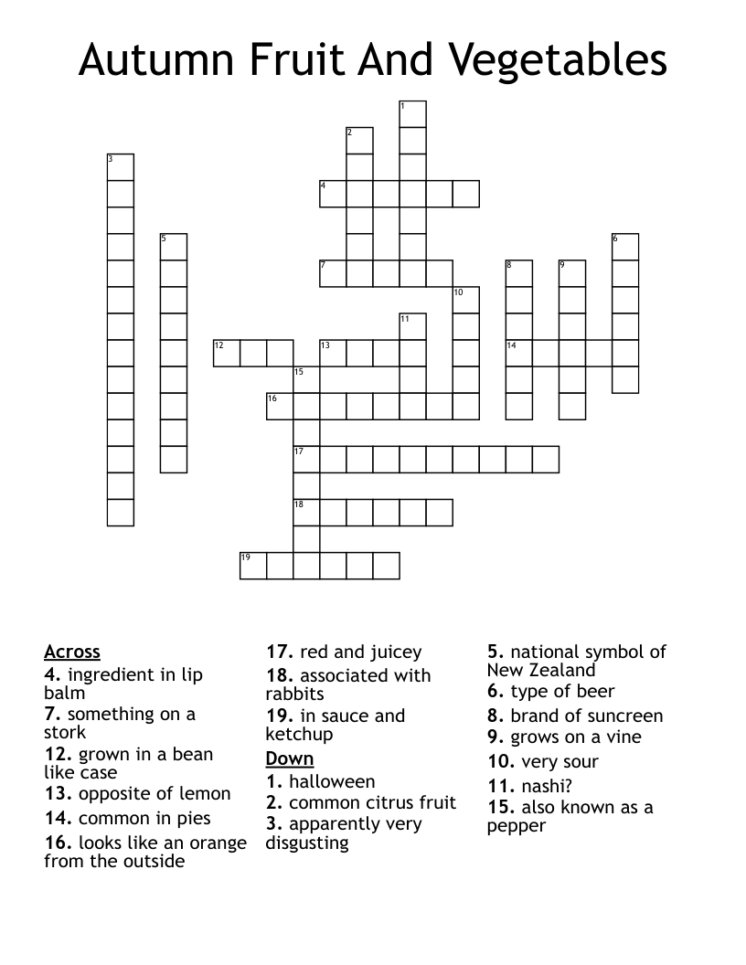 Autumn Fruit And Vegetables Crossword