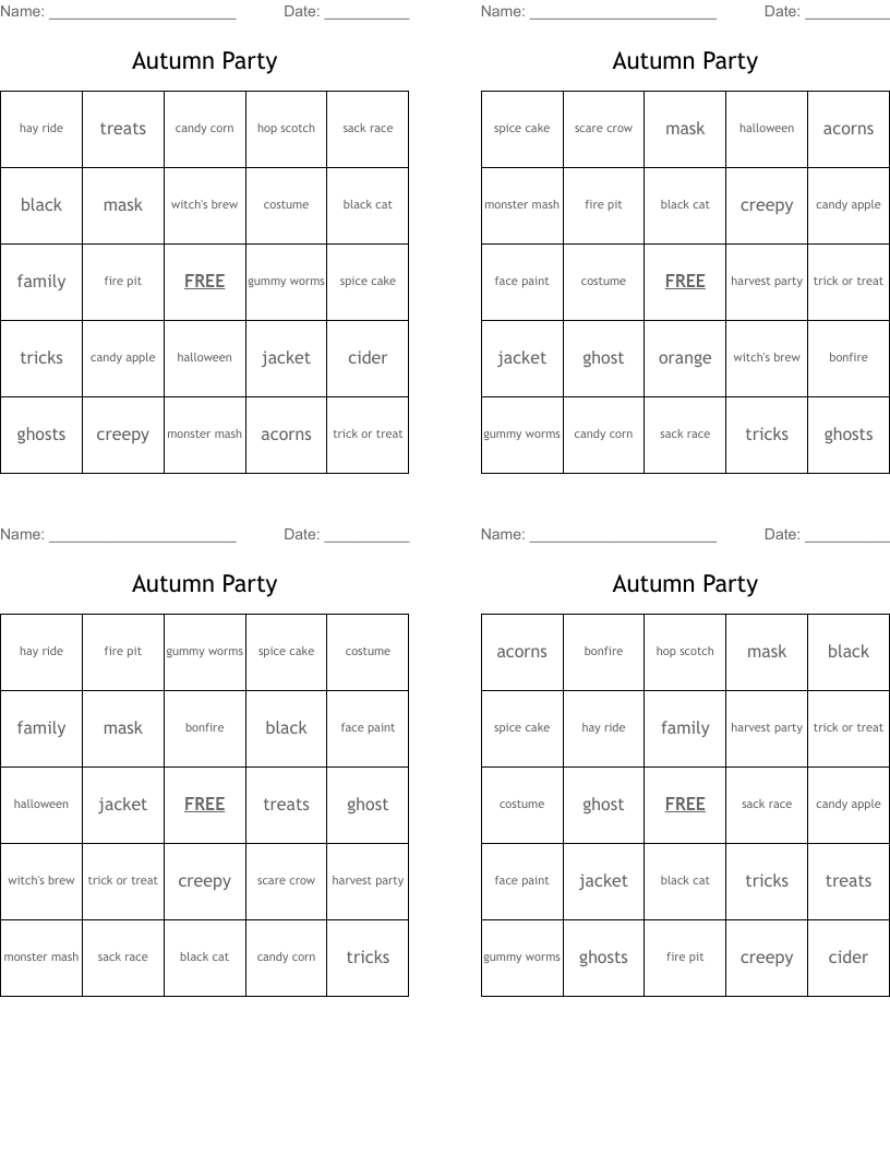 Autumn Party Bingo Cards