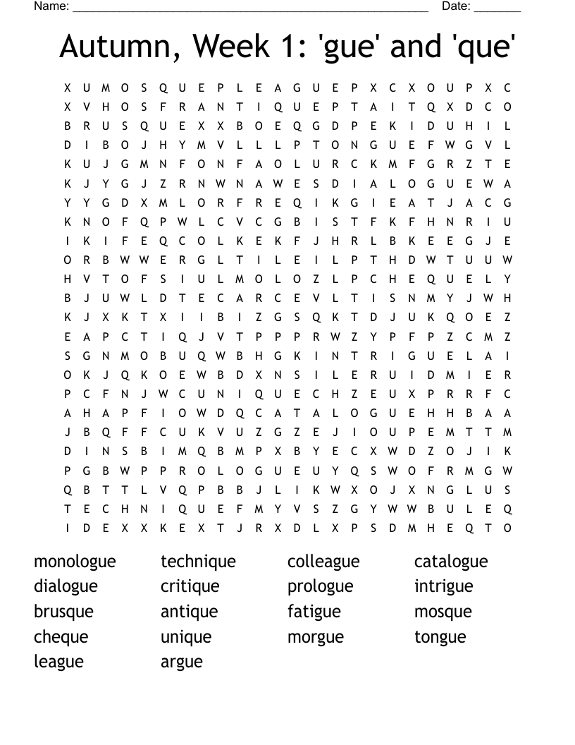 Autumn, Week 1: 'gue' and 'que' Word Search