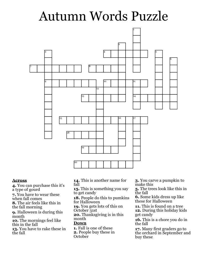 Autumn Words Puzzle Crossword