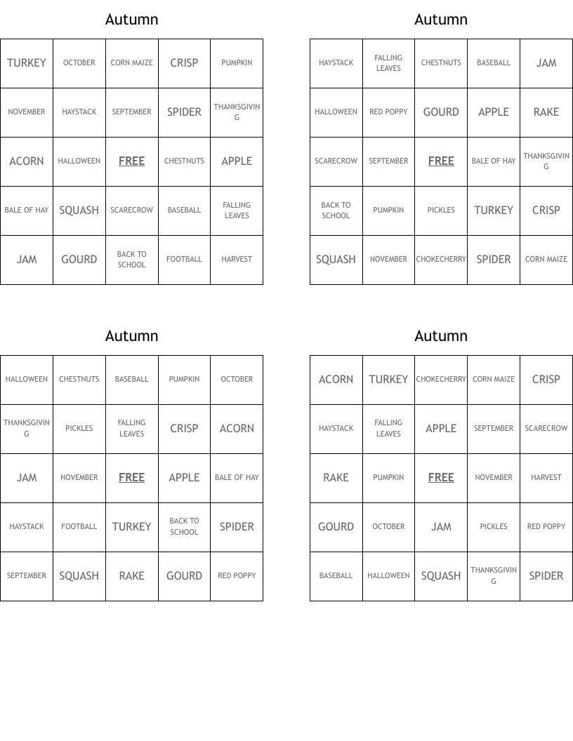 Autumn  Bingo Cards