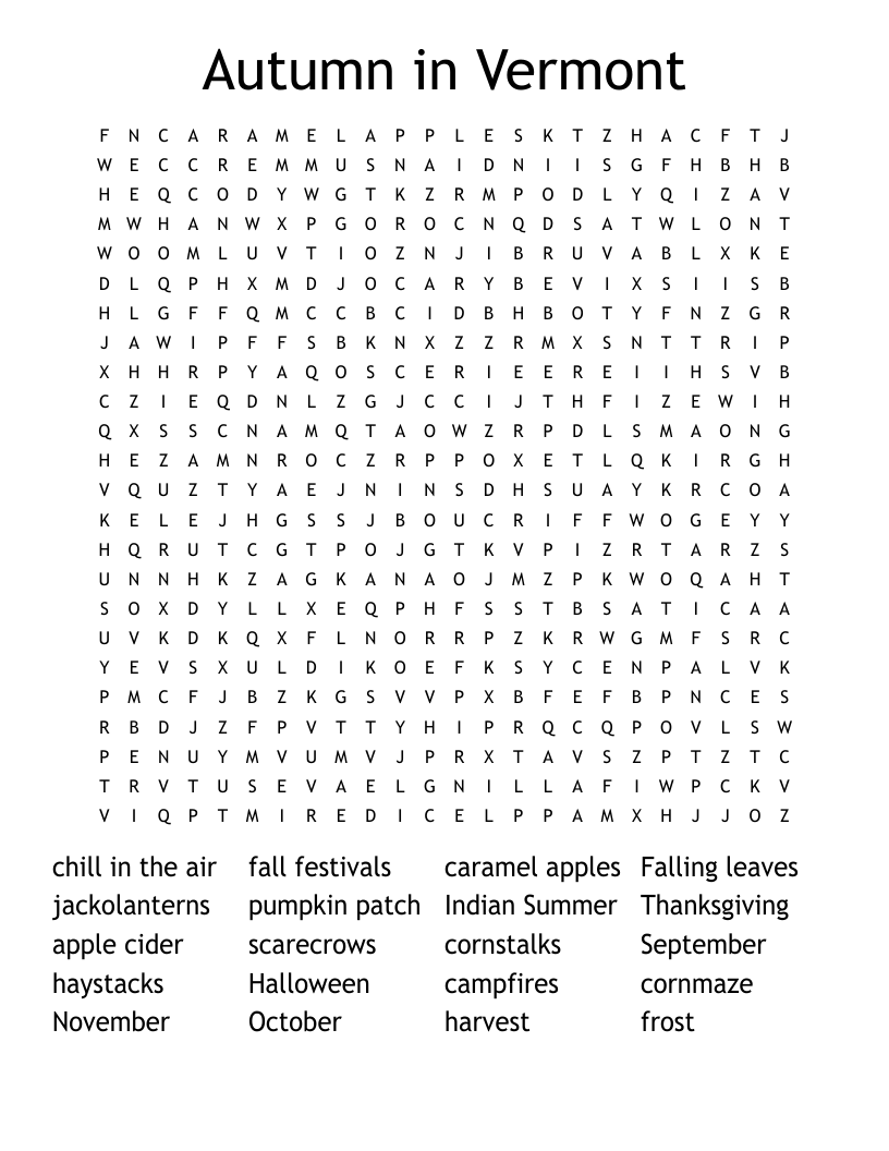 Autumn in Vermont Word Search
