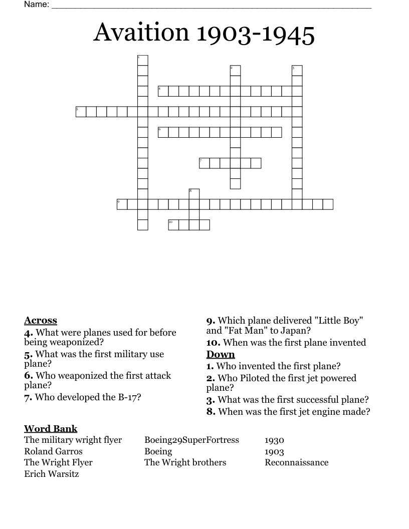 Avaition 1903-1945 Crossword