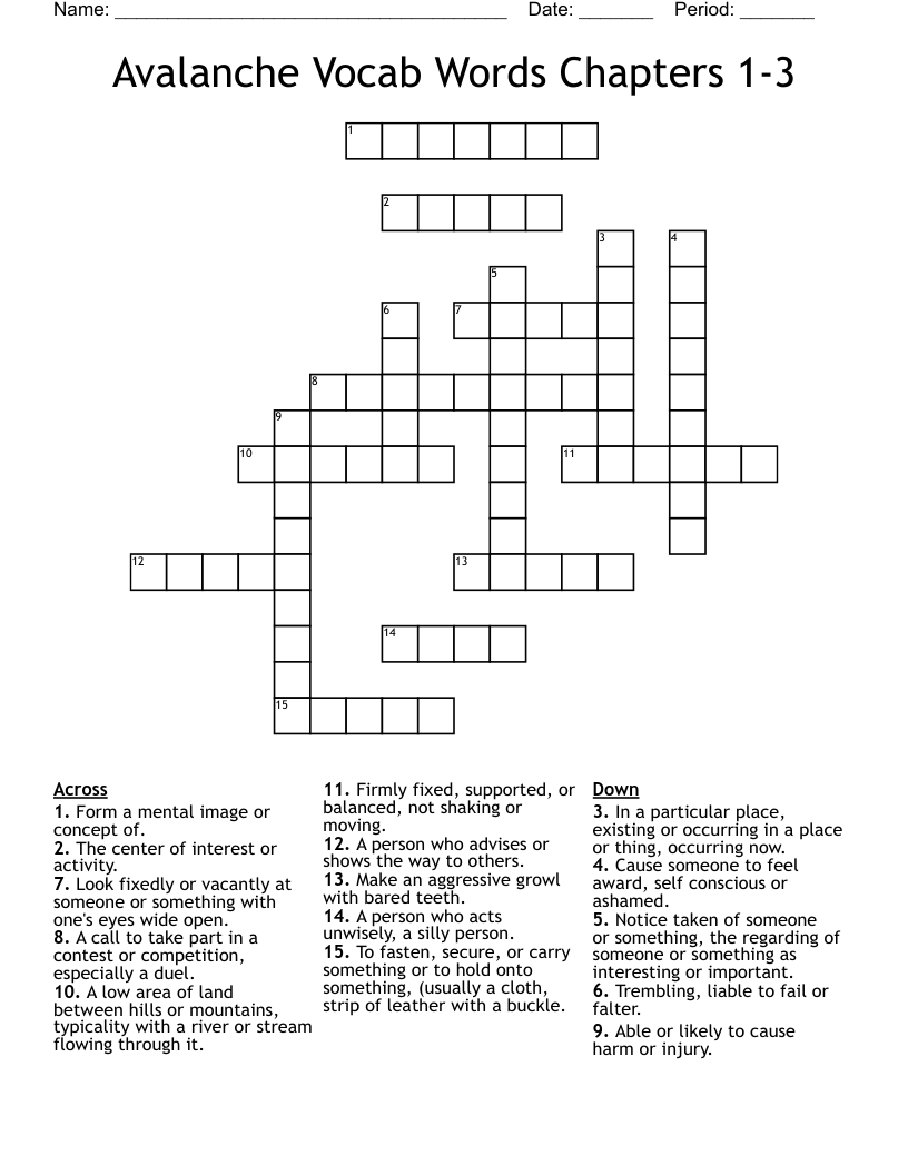 Avalanche    Vocab Words Chapters 1-3 Crossword