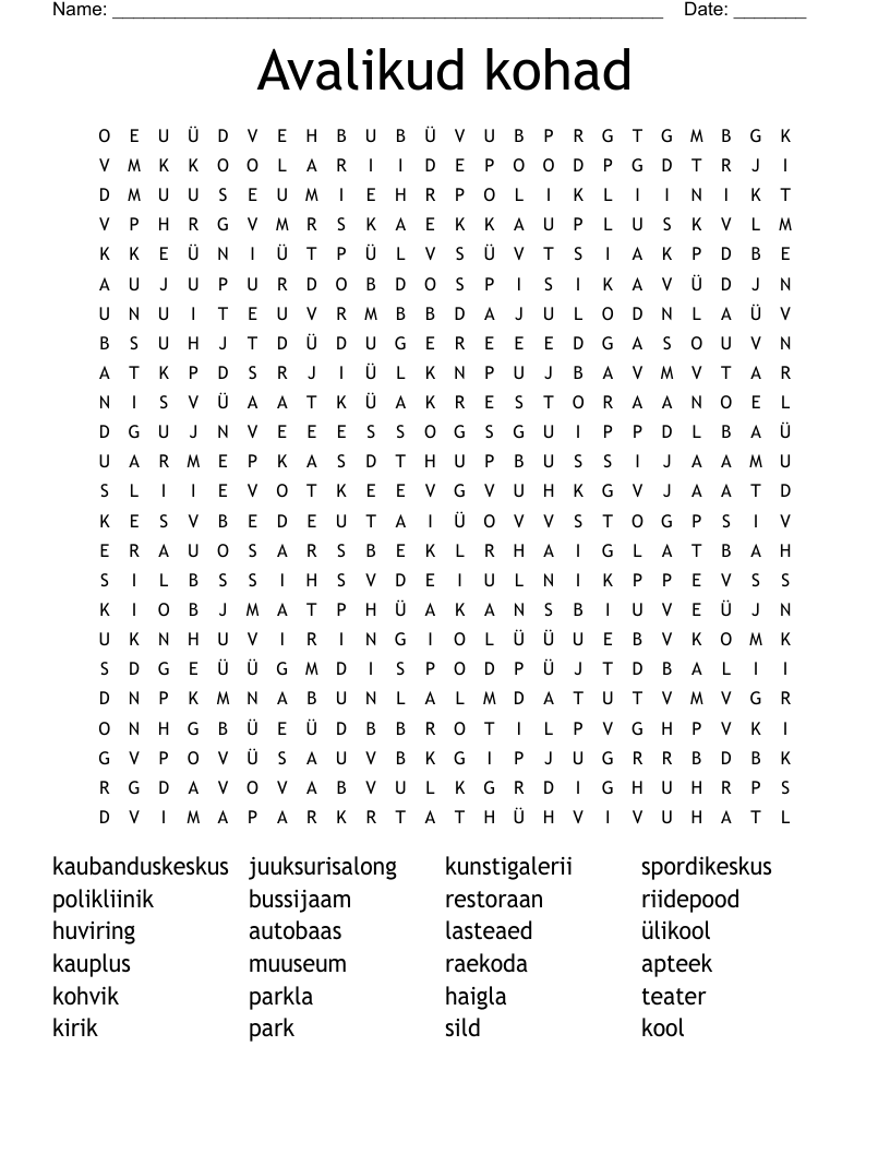 Avalikud kohad Word Search