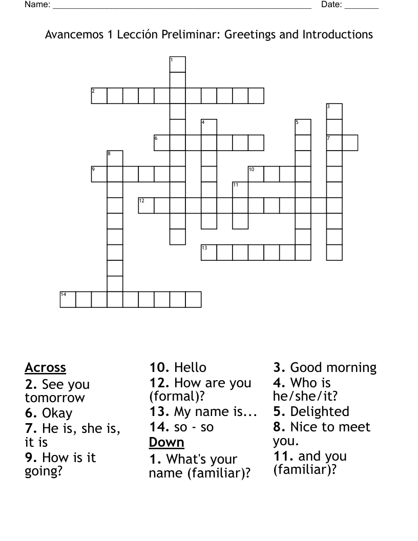 Avancemos 1 Lección Preliminar:  Greetings and Introductions Crossword
