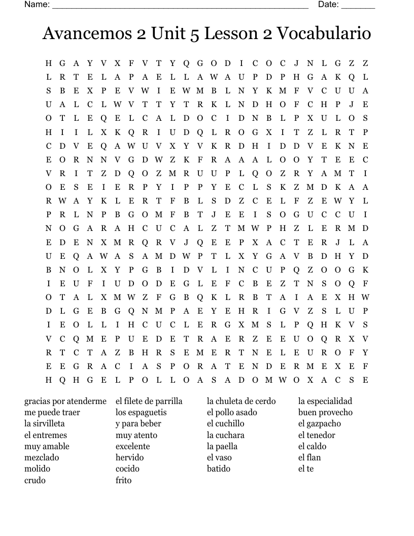 Avancemos 2 Unit 5 Lesson 2 Vocabulario Word Search