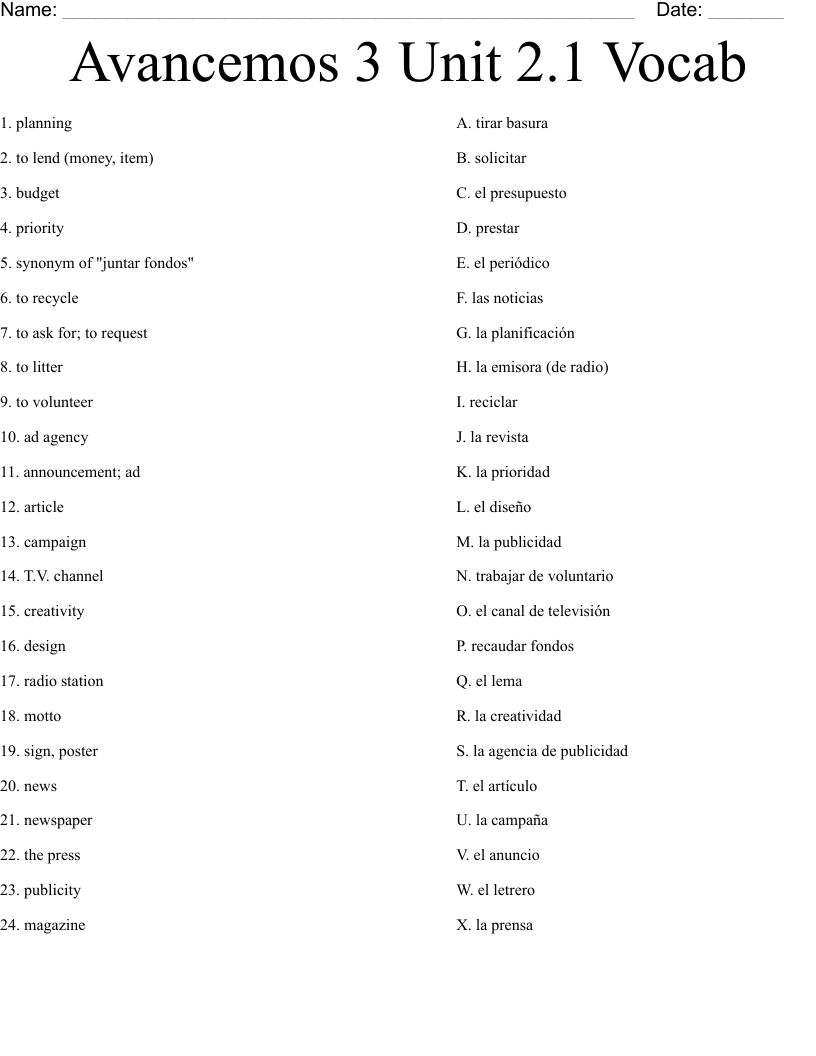 Avancemos 3 Unit 2.1 Vocab Worksheet
