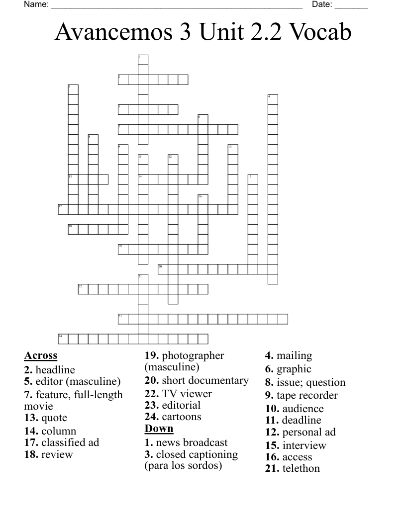 Avancemos 3 Unit 2.2 Vocab Crossword