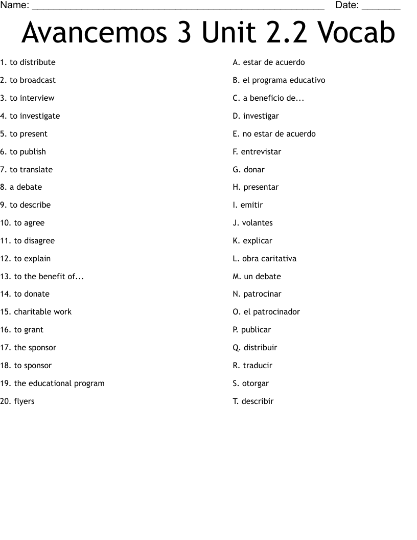 Avancemos 3 Unit 2.2 Vocab Worksheet