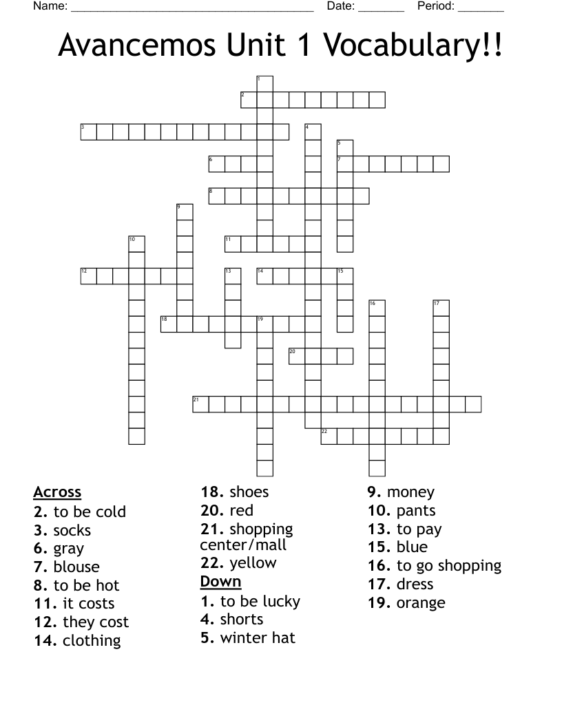 Avancemos Unit 1 Vocabulary!! Crossword