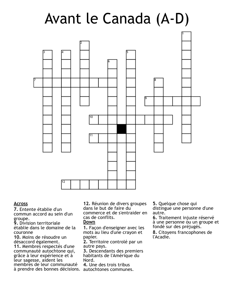 Avant le Canada (A-D) Crossword