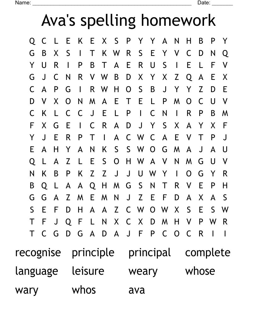 Ava's spelling homework Word Search