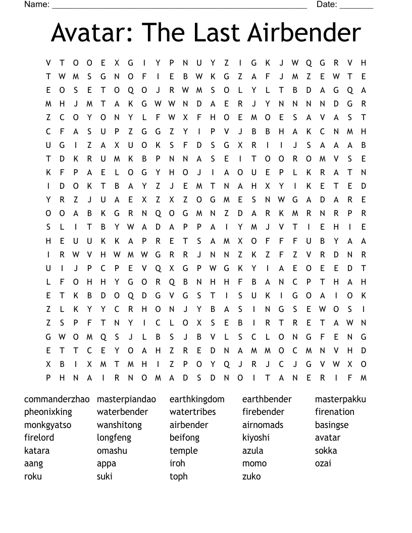 Avatar: The Last Airbender Word Search
