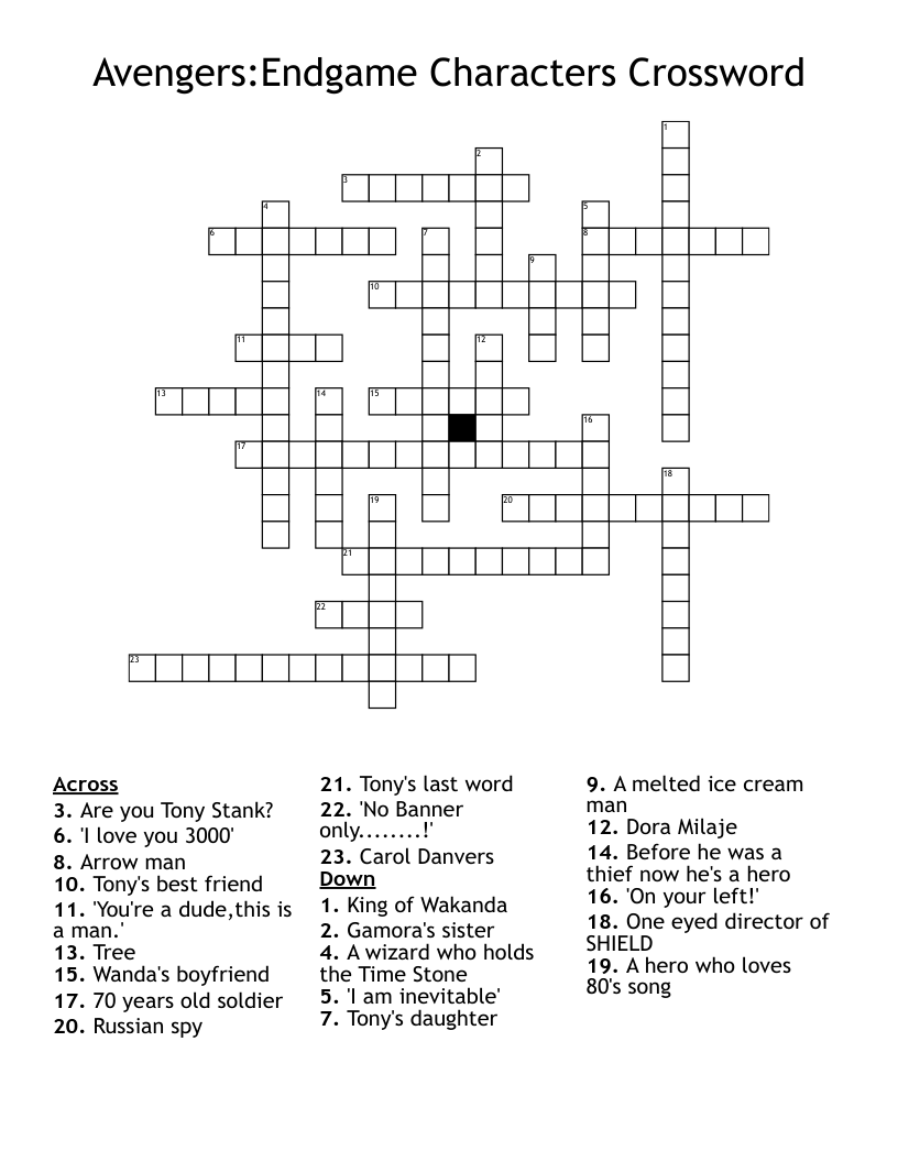 Avengers:Endgame Characters Crossword