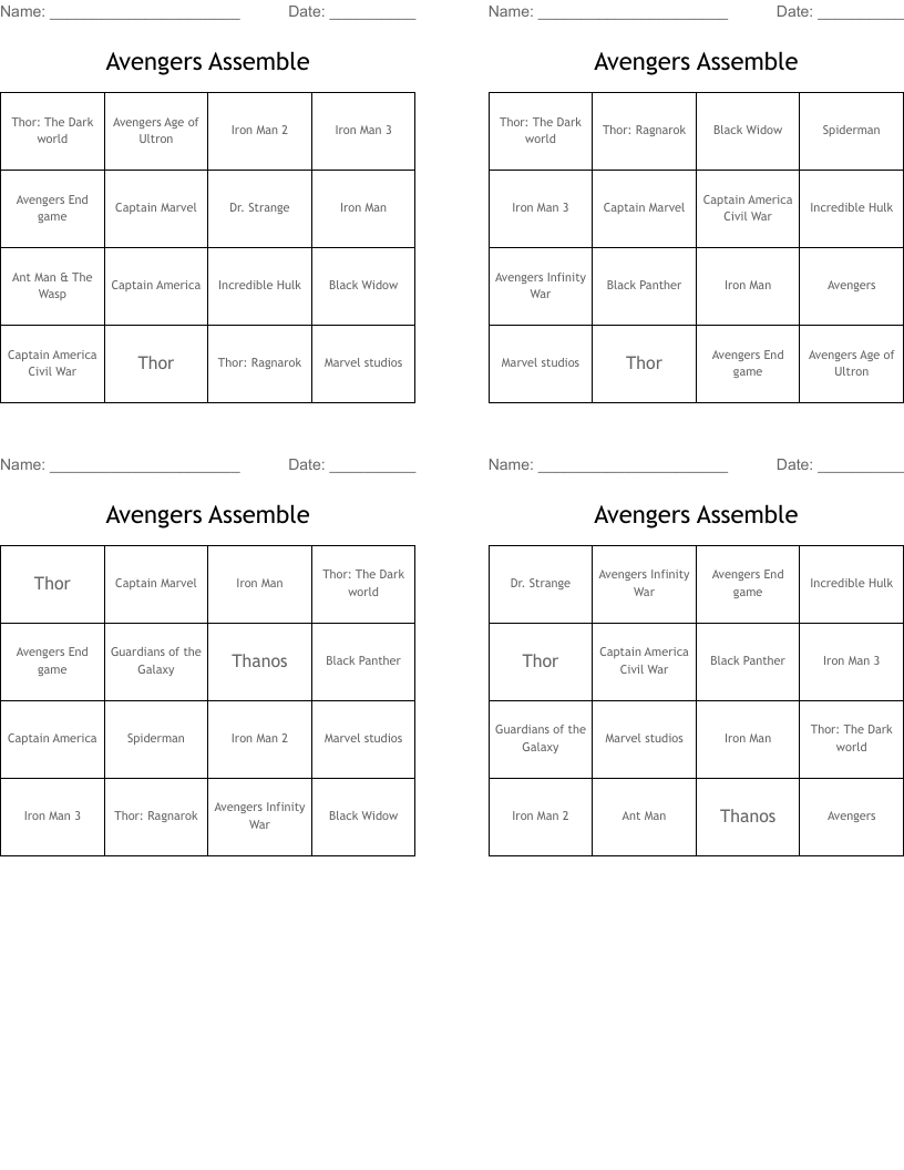 Avengers Assemble Bingo Cards