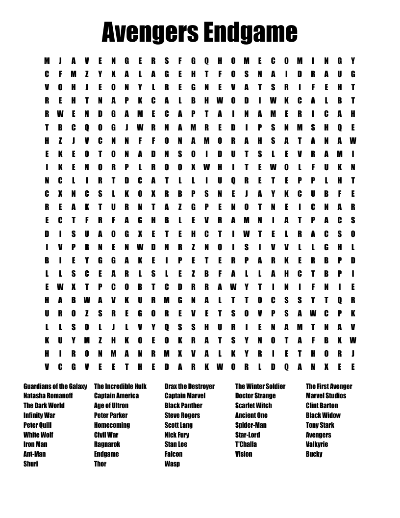 Avengers Endgame Word Search