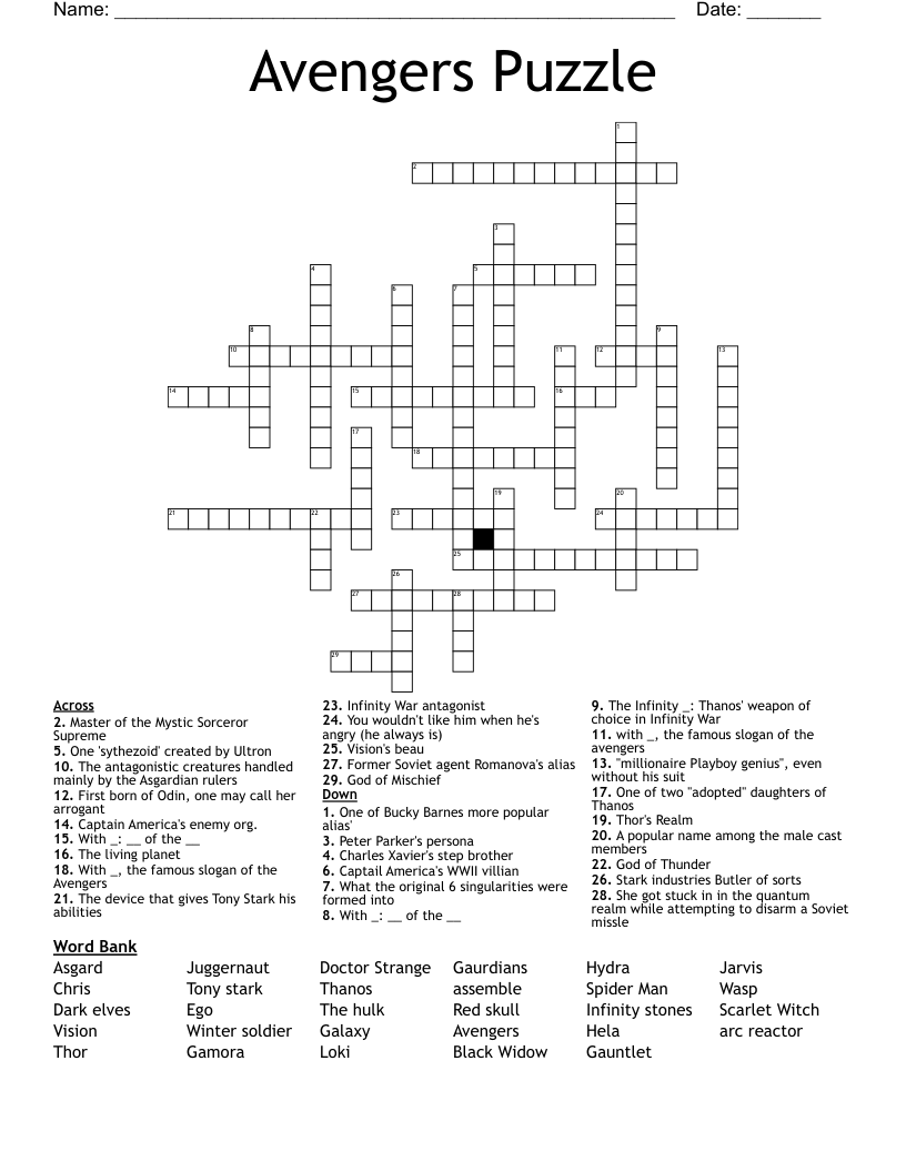 Avengers Puzzle Crossword