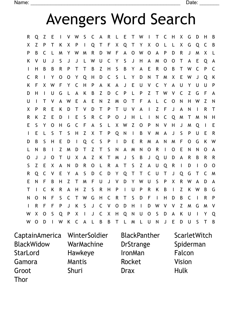 Avengers Word Search