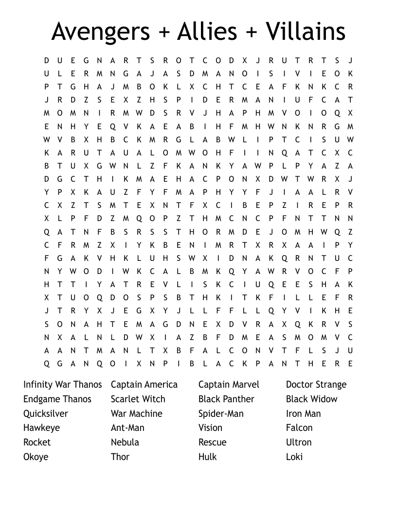 Avengers + Allies + Villains Word Search