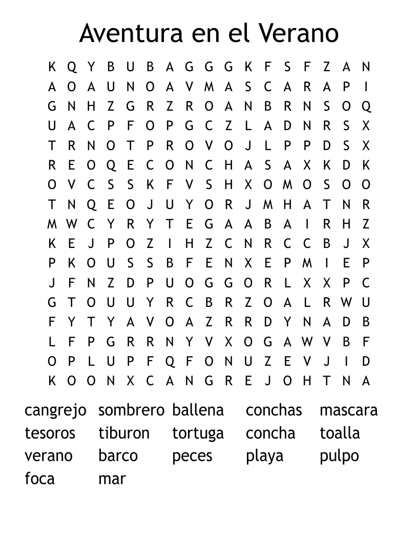 Aventura en el Verano Word Search