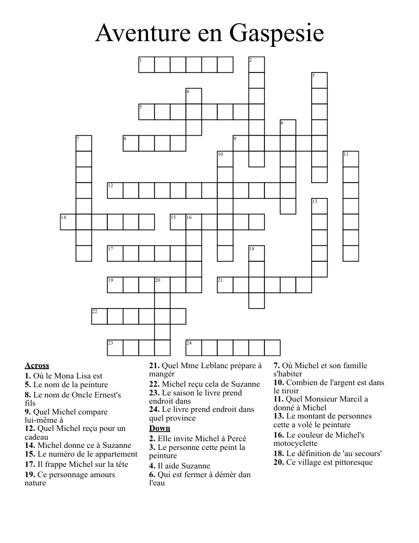 Aventure en Gaspesie Crossword